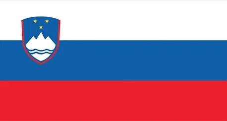 Country flag of Slovenia. Three horizontal bands of white (top), blue, and red with a coat of arms on the hoist side featuring Mount Triglav, two wavy blue lines, and three gold stars.